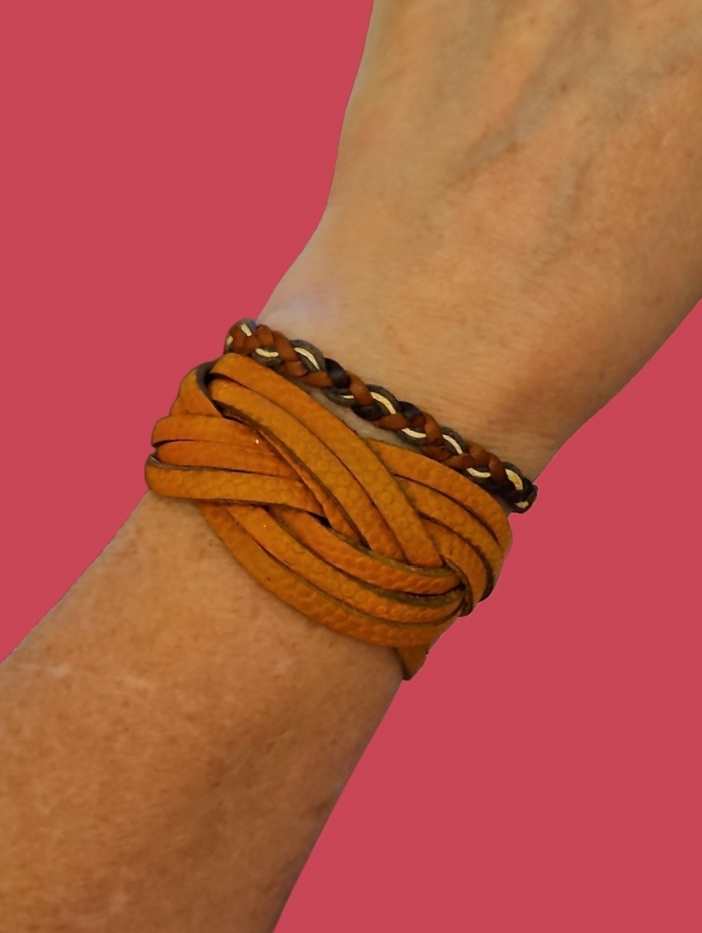 Vintage Set Of Two Braided Leather Macrame and Snap Closure Unisex Bracelets